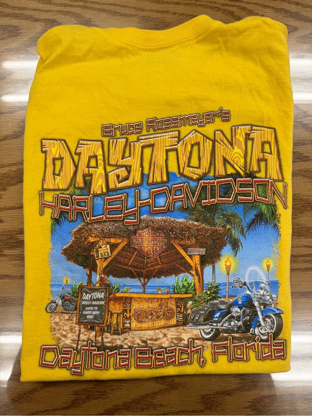 Bruce Rossmeyers Harley Davidson Daytona Beach T Shirt Yellow Tiki Bar 2XL 24x29